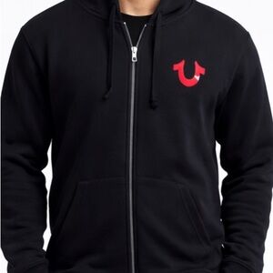 True Religion Black Zip-Up Sweater with Red Logo